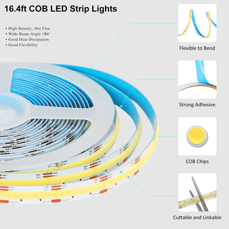 COB светодиодные ленточные огни CCT (2700K-6500K настраиваемые) 2M 560LEDs/m CRI90 Led Tape Light Kit с коробкой пакета с светодиодными лентами для дома